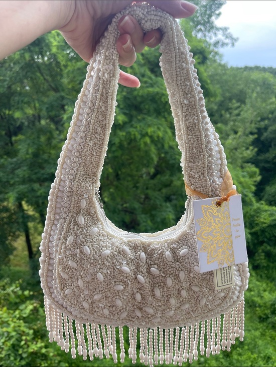 Handbags - Viral Beaded Bag - Cream Shoulder Bag with Fringe - perfect bridal purse!